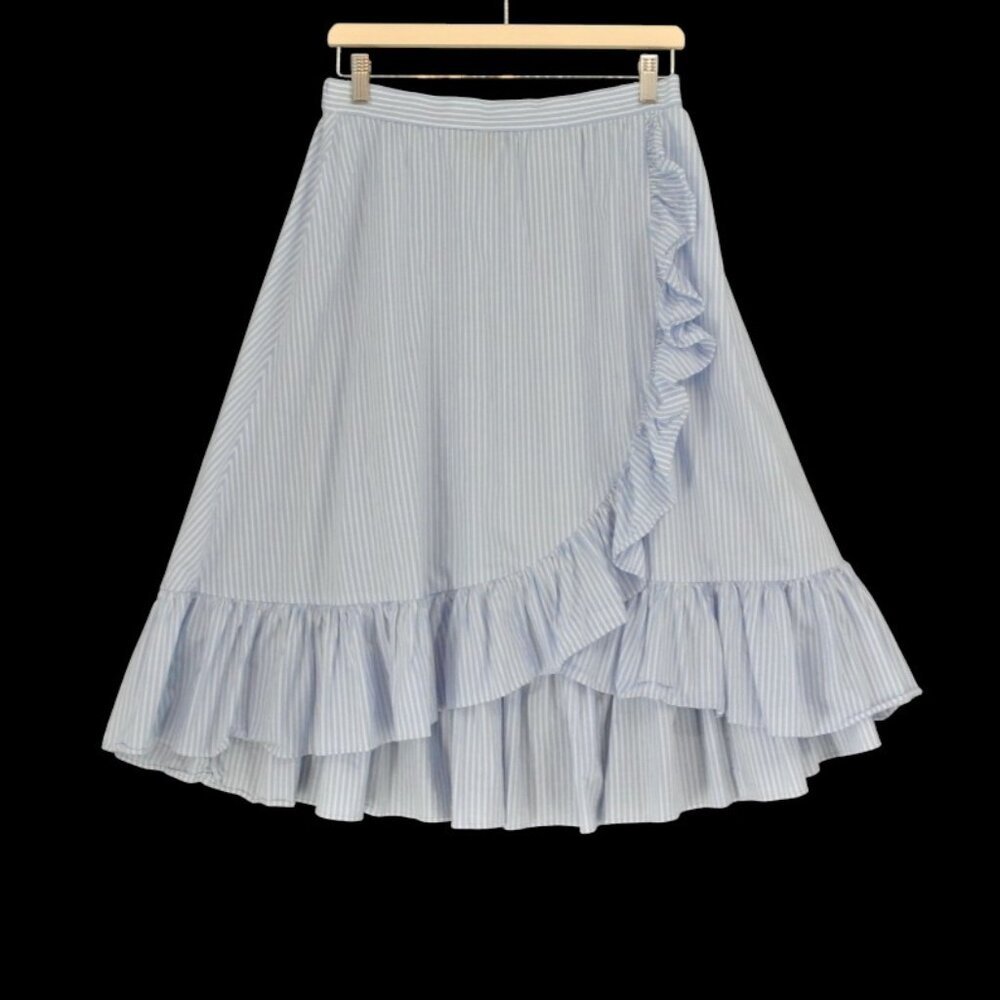 Jill Stuart Blue White Striped Cotton Ruffle High-Low Skirt Size 8 Nautical